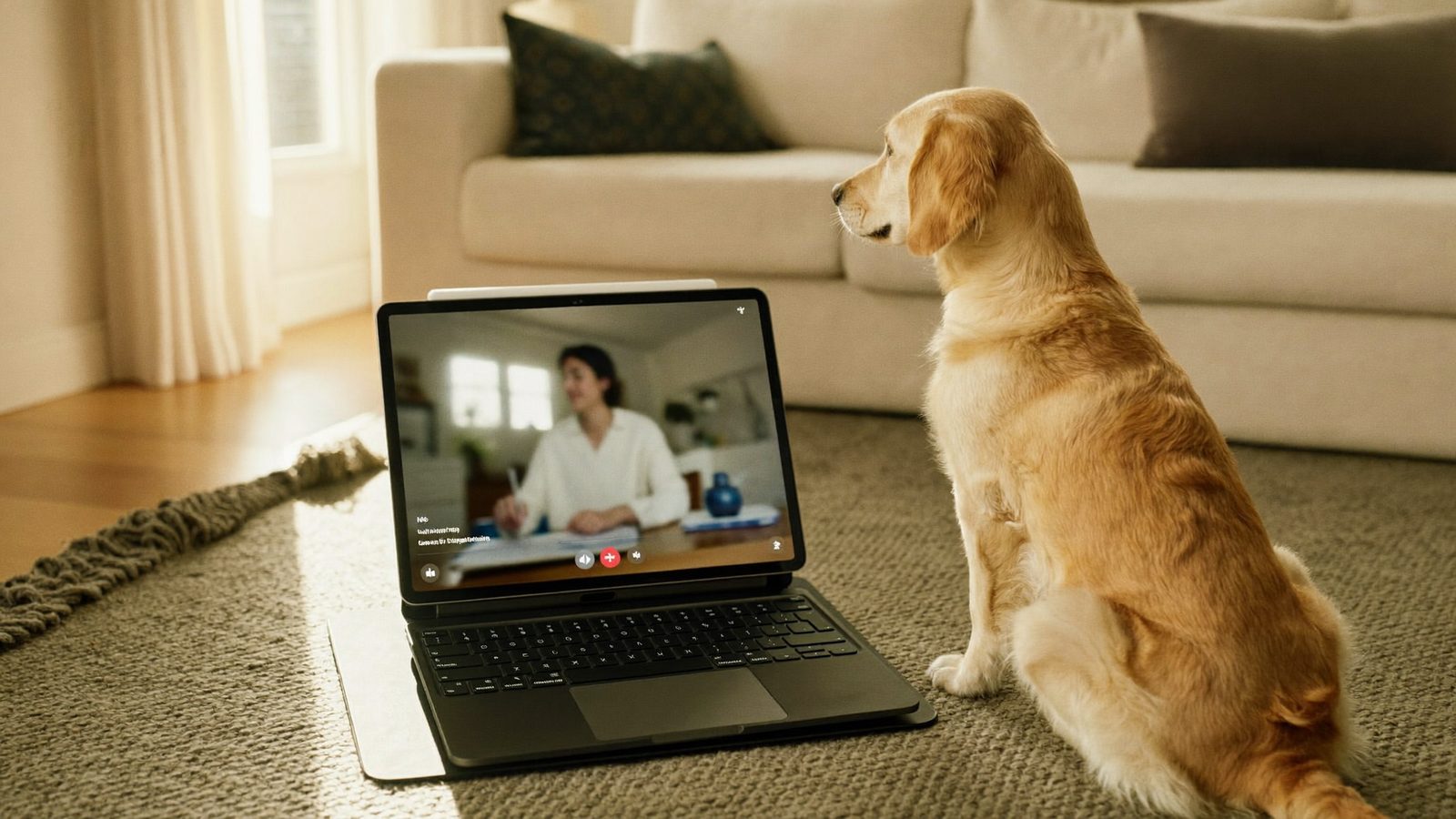 Dog watching a virtual dog training session on a laptop at home