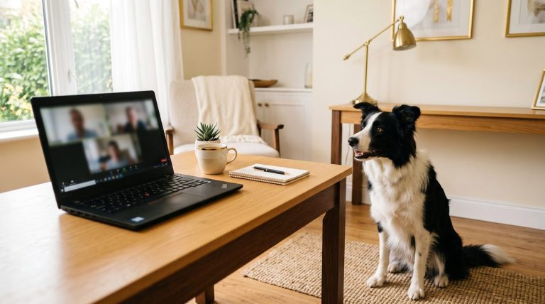 Virtual dog training session over video call
